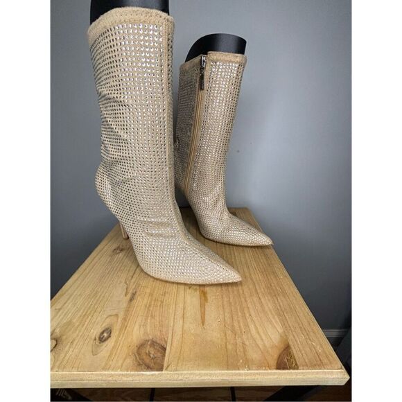 Schutz Women's Sybil Suede & Rhinestone Stilleto Heel‎ Mid-Calf Bootie Tan 9.5B - Picture 2 of 8
